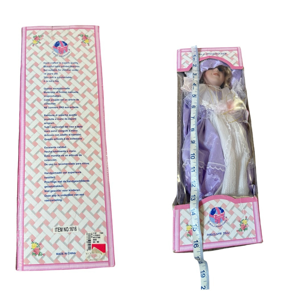 J Misa Collection Porcelain Doll Purple Dress with Hat - Picture 12 of 12